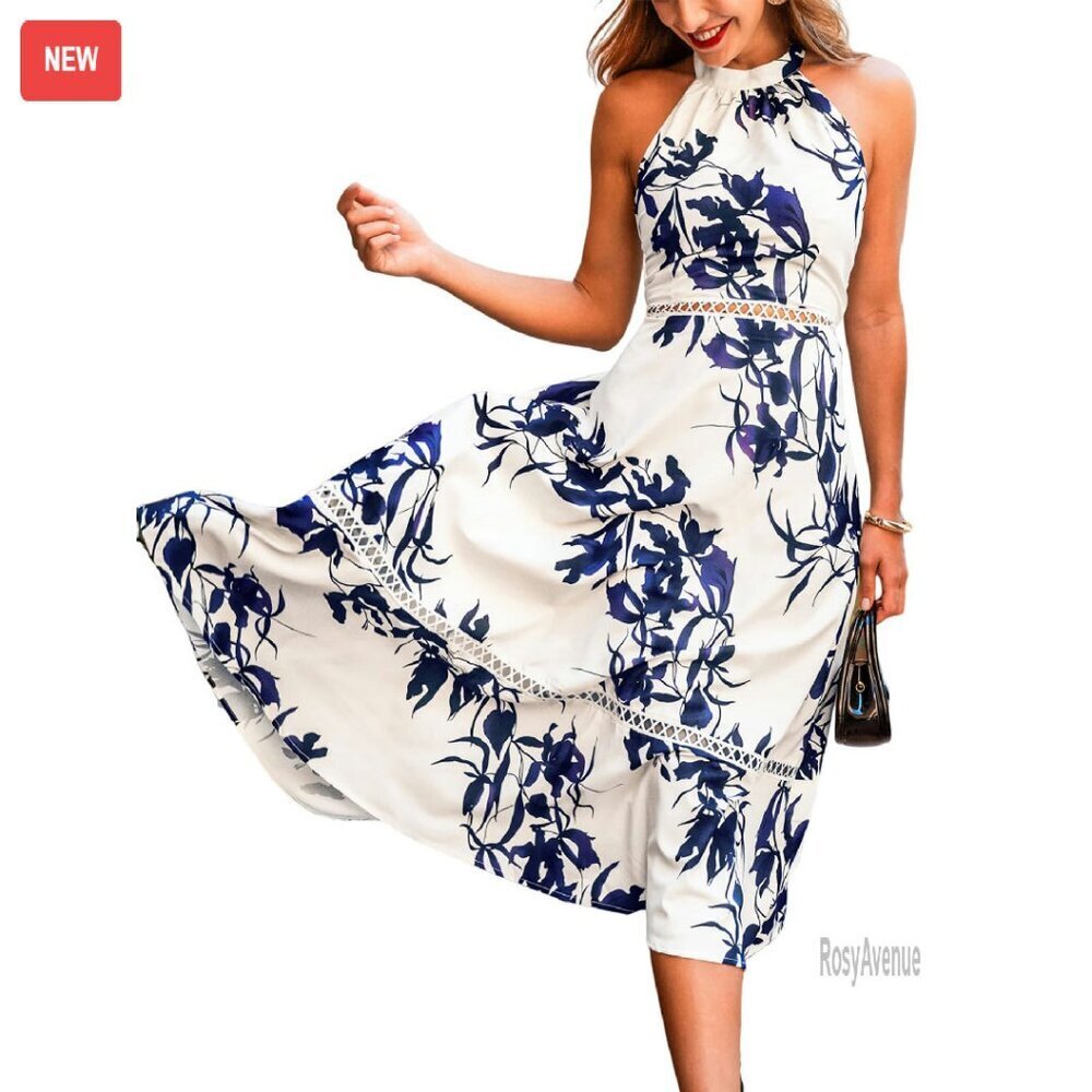 Halter Midi Dress Cutout Waist Boho Summer Polyester Sleeveless